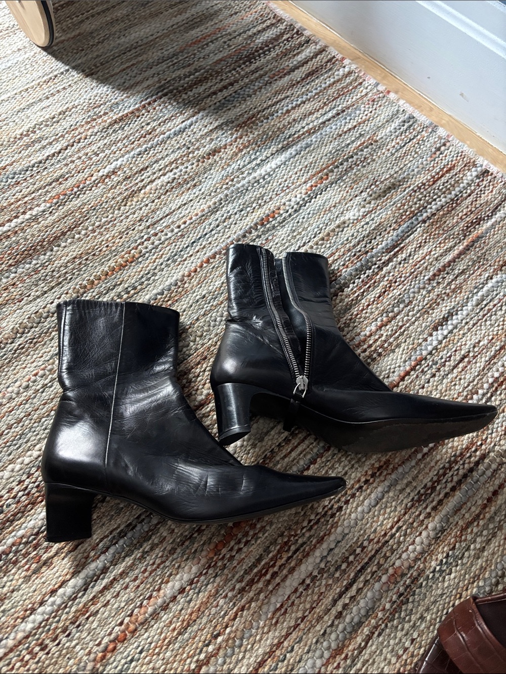 Jil Sander Black Leather Pointed Ankle Boots with Block Heel